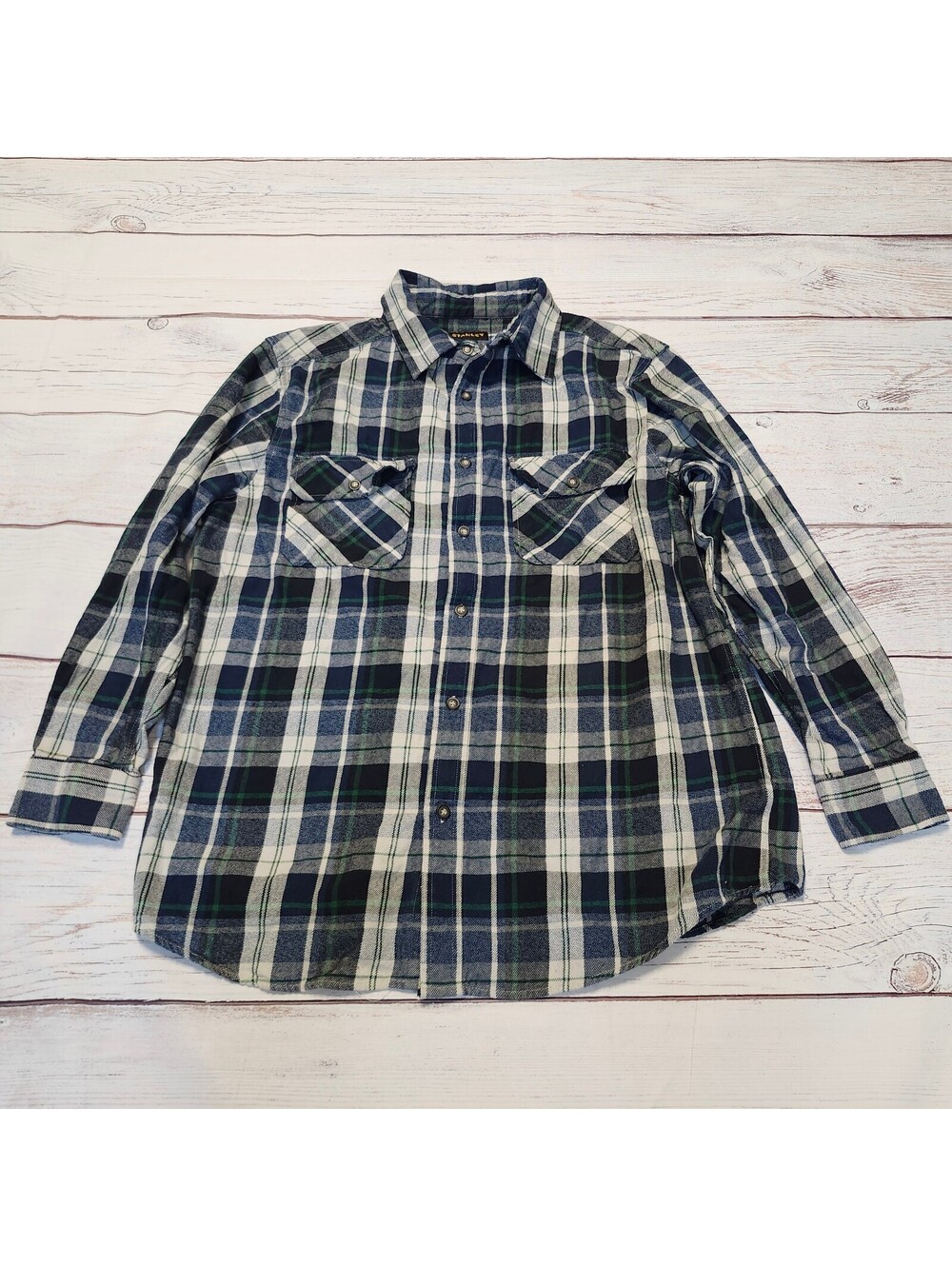 Stanley Men's Medium Plaid Blue Green White Button-Up Shirt 100% Cotton